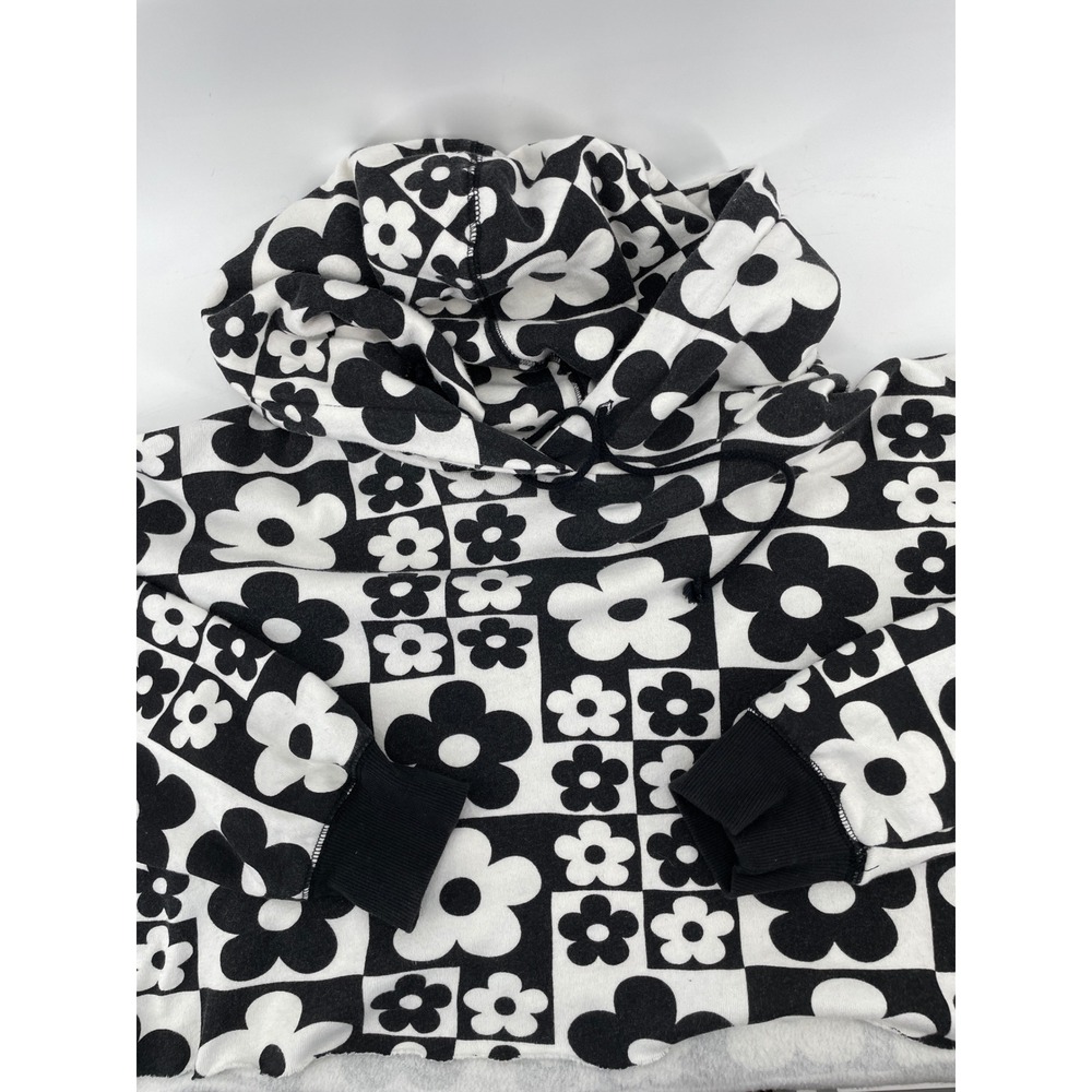 Cropped Hoodie Women Large Black White Retro Floral Check Indie Streetwear Y2K - Picture 3 of 8